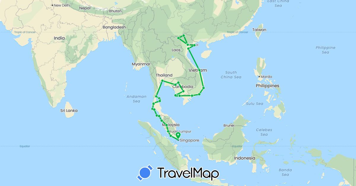 TravelMap itinerary: driving, bus in Cambodia, Malaysia, Singapore, Thailand, Vietnam (Asia)